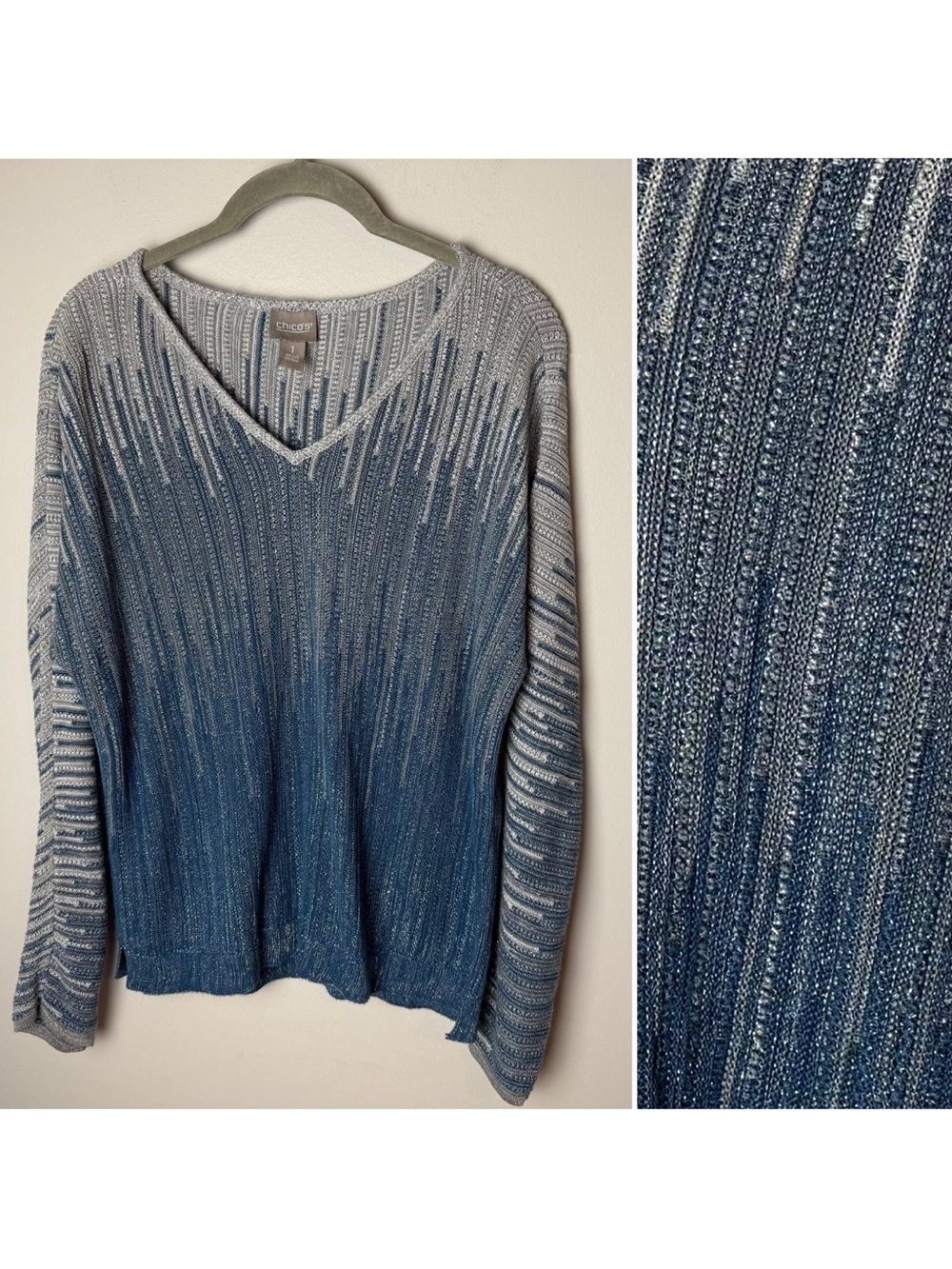 Chico's Sweater Size 1 (Medium, 8) Blue Silver Ombre Metallic Shimmer V-Neck